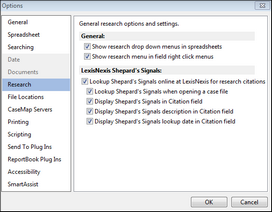 Options dialog box > Research tab