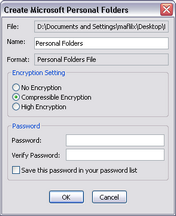 Create Microsoft Personal Folders dialog box