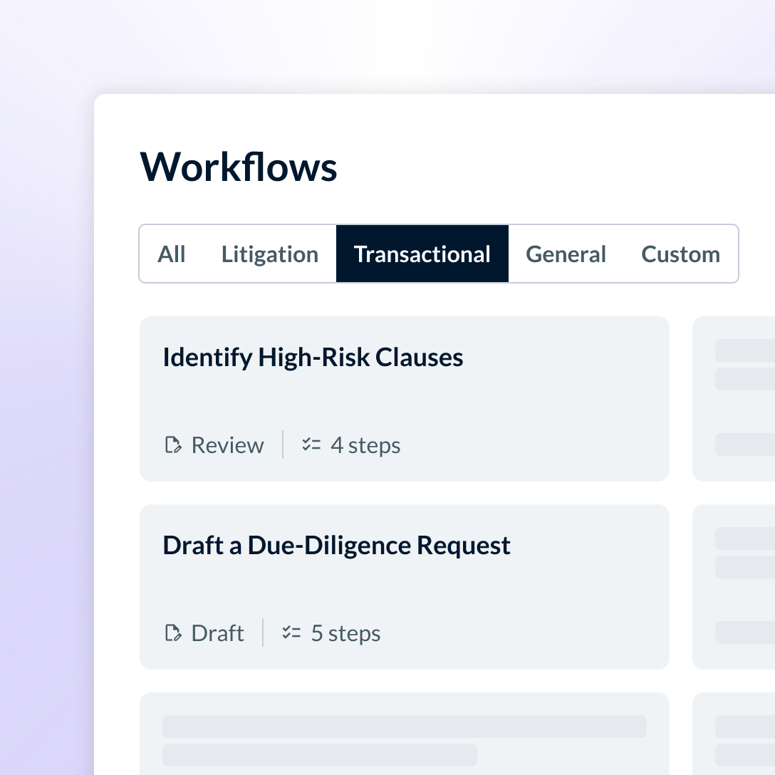 Legal workflows library. Legal workflows showing clause pre-built workflows for transactional workflows such as risk review and due diligence tasks.