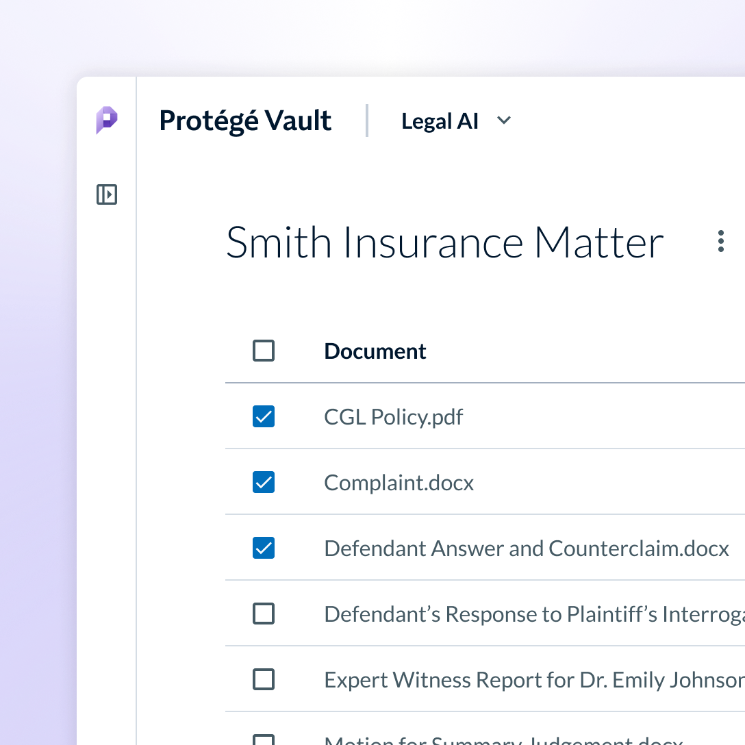 Protege Vault document selection. Protégé Vault showing selected legal case documents for AI analysis.