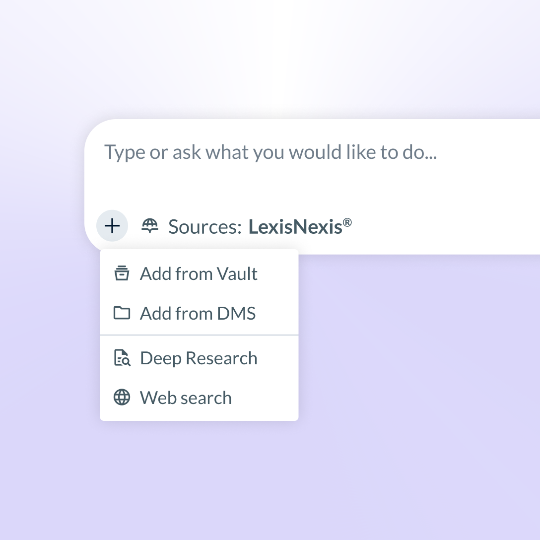 Screenshot of a legal research input field prompting the user to type a question, with sources set to LexisNexis. An expanded add-source menu shows options including Add from Vault, Add from DMS, Deep Research, and Web search.